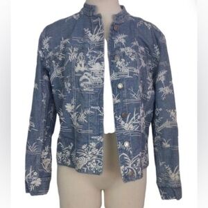 CHICO’S DESIGN Sz 2 Rare Japanese Garden Embroidery Funnel Neck  Denim Jacket